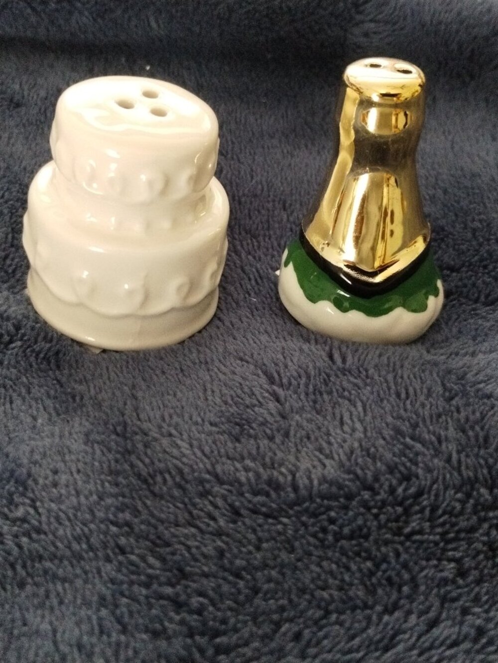 White wedding cake & champagne bottle , salt & pepper shakers